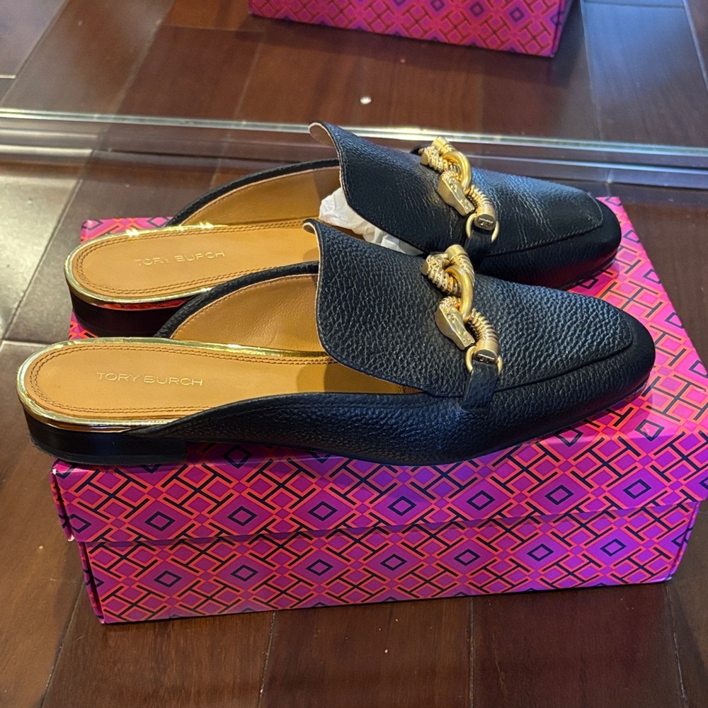 Tory Burch Black Mules with Gold Accent